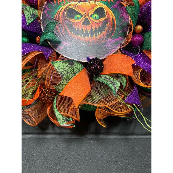 Halloween Wreath For Front Door Spooky Pumpkin Purple Orange Green 28 inch - Picture 5 of 6